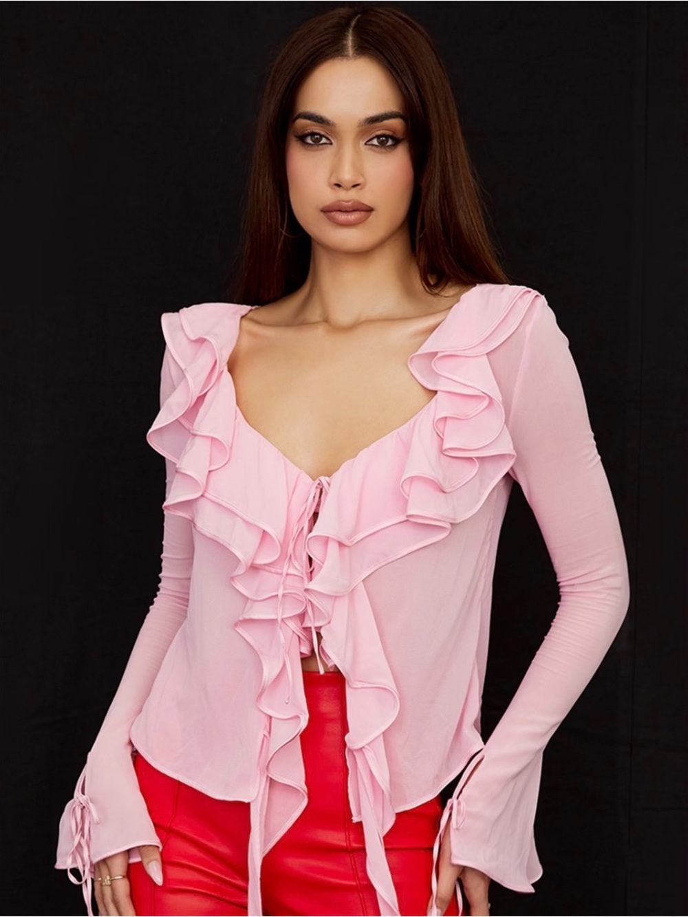 House of CB Pink Aaliyah Fairy Pink Real Chiffon Silk Ruffle Top